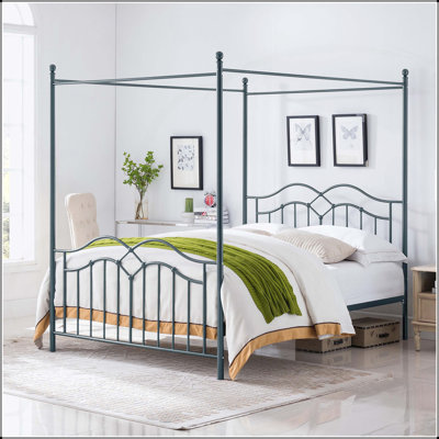 Queen Size Metal Canopy Bed Frame, Elegant and Sturdy with Classic Design and No Box Spring Needed