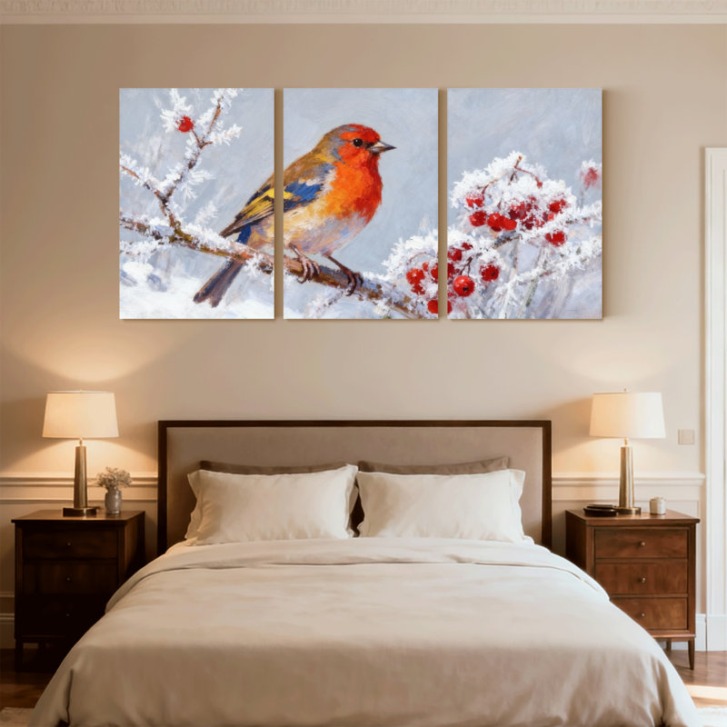 Oiseaux, oiseaux d'hiver sur une branche enneigée avec baies, ensemble de 3 impressions sur toile, H 18 po x l 36 po
