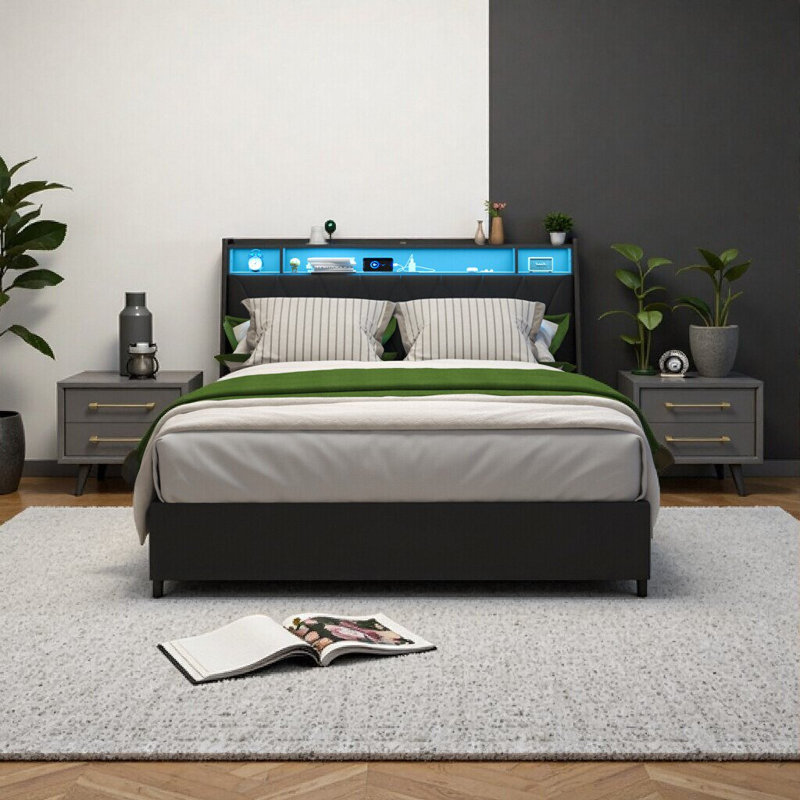 Élégant cadre de grand lit avec tête de lit ergonomique, prises intégrées et lumière DEL, aucun sommier nécessaire, Noir