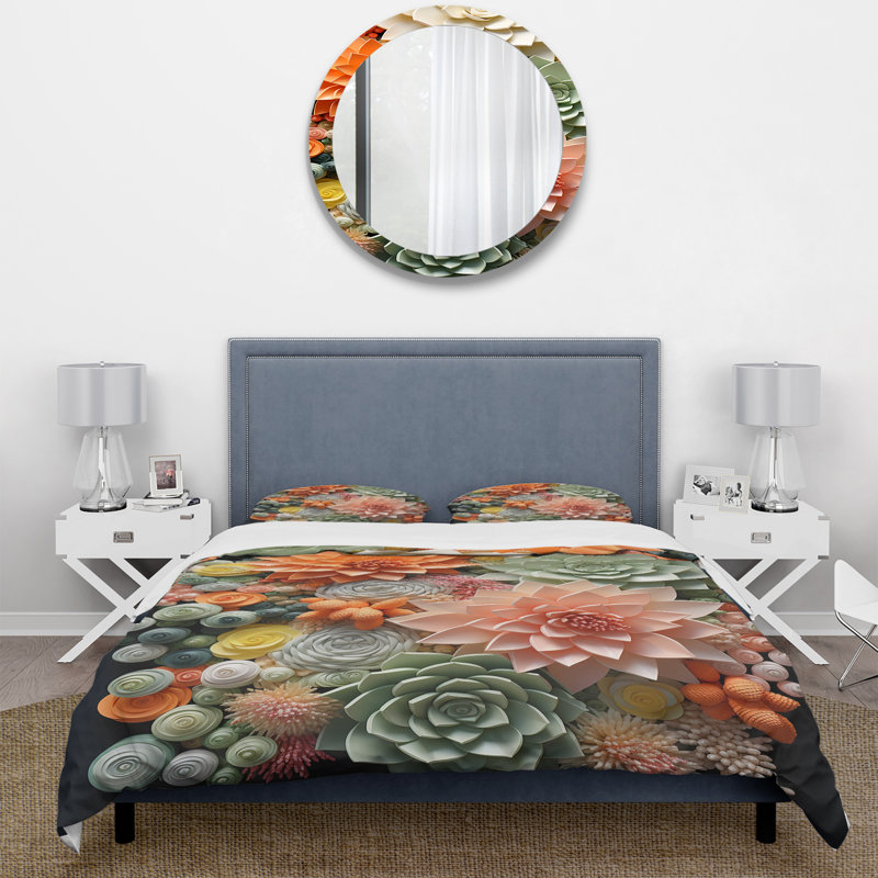 Ensemble de housse de couette orange et rose succulentes III, Housse de couette pour grand lit et 2 taies décor