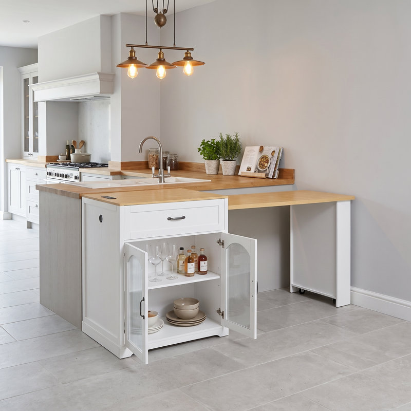 Table de comptoir extensible avec prise de courant intégrée, support à vin, porte-verre et tiroirs double-face - Armoire de bar mobile avec roulettes pour la cuisine et le bar