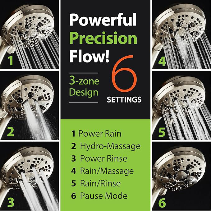 High Pressure 6-Setting 3.5" Chrome Face Handheld Shower with Hose for the Ultimate Shower Experience!