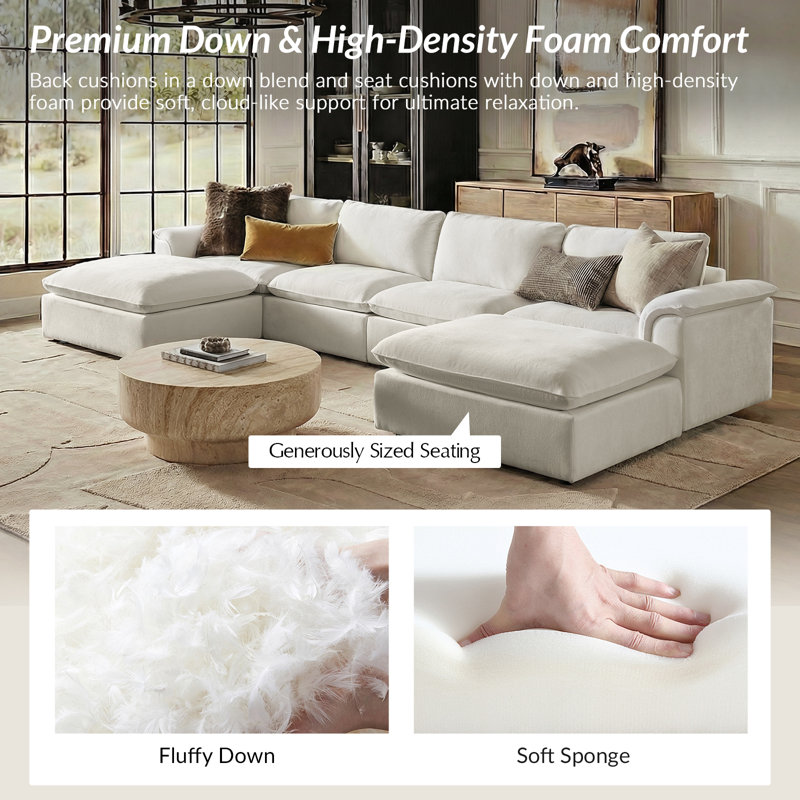 Cioffi 156"w Oversized 6 Piece Down Blend Modular Cloud Sectional Sofa with Removable Cushion Cover, Ivory