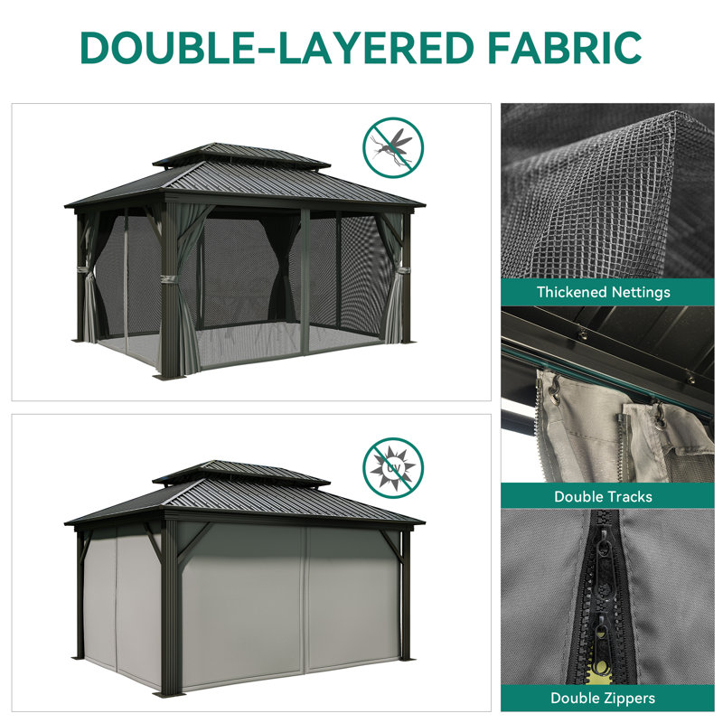 Outdoor Metal Hardtop Patio Gazebo with Privacy Curtain and Mosquito Netting, 16 ft. W x 12 ft. D