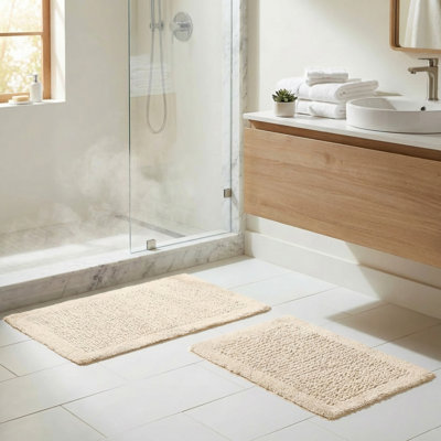 Bathroom Rugs - 2-Piece Cotton Bath Mat Set - Rugs For Shower, Tub, Toilet, Or Vanity - Machine Washable Bath Mats For Bathroom, Kitchen, Or Laundry Room