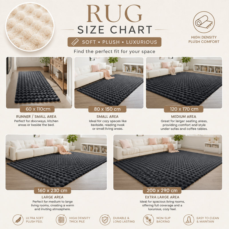 Bubble Design Luxury Area Rugs Soft Decorative Plush Rug for Living Room Bedroom , Black, Rectangle 120 x 170 cm