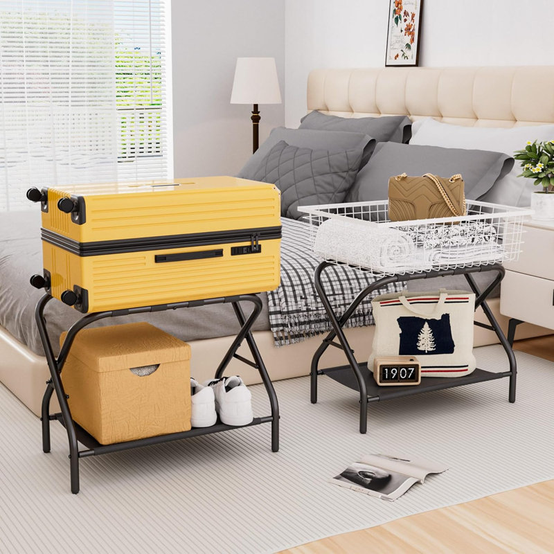 Ensemble de 2 porte-valises pliables avec étagère de rangement en tissu facile à assembler