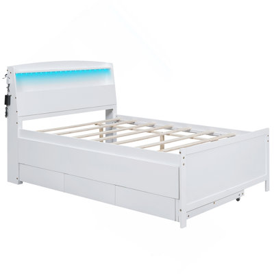 Lit plateforme avec tête de lit à DEL avec rangement, lit gigogne simple et 3 tiroirs