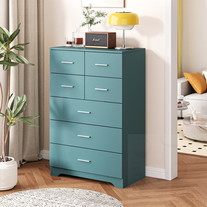 Armoire en bois à 7 tiroirs avec prise de courant intégrée, Vert clair