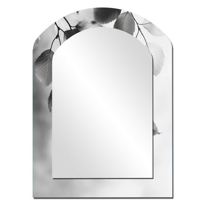 Black White Leaves Gentle Breeze II - Leaves Arch Wall Mirror, Black Asymmetrical Decorative Mirror, Printed Metal Art