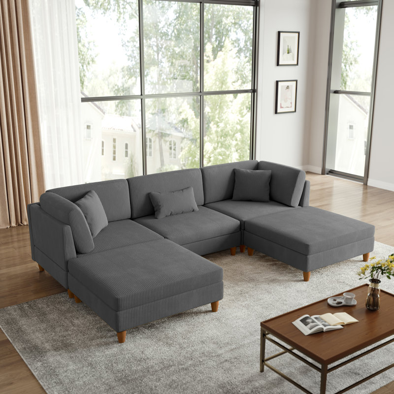 Seemab 5 - Piece Upholstered Gray Corduroy Modular Sectional with Pillow Back and Removable Ottoman, Gray