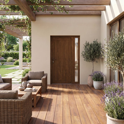 Porte d'entrée extérieure prémontée en PVC-U métallisé avec vitrage dépoli, modèle Manux 8111, finition noyer, imposte latérale, portes pour bureaux, commerces et habitations, entrée, patio, garage, 52 x 80 (L 36 + 16 x H 80), ouverture à droite vers l'intérieur