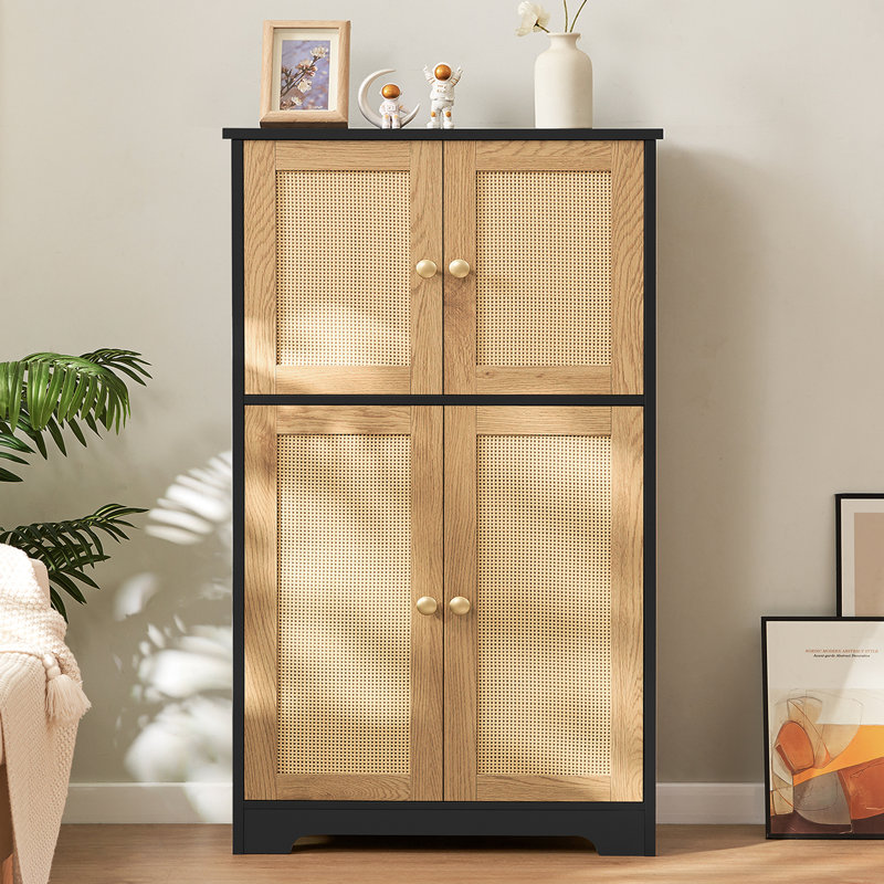 Armoire de rangement Jussiah avec 4 portes et tablette réglable, Noir / naturel