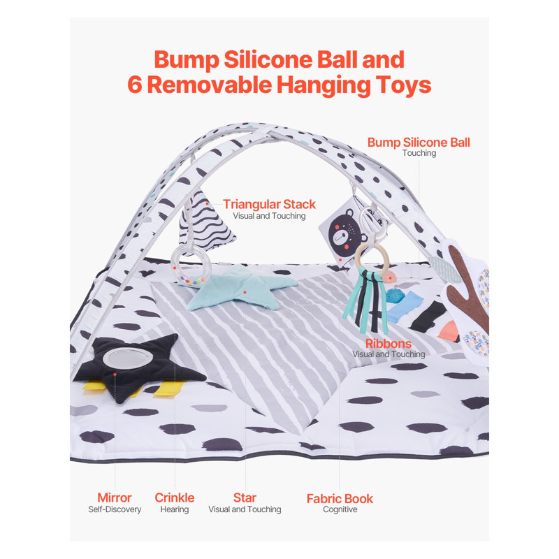 Tapis de jeu Premium Tummy Time pour nourrissons - grande salle d'activité sensorielle de 34,4 po avec jouets suspendus et arche