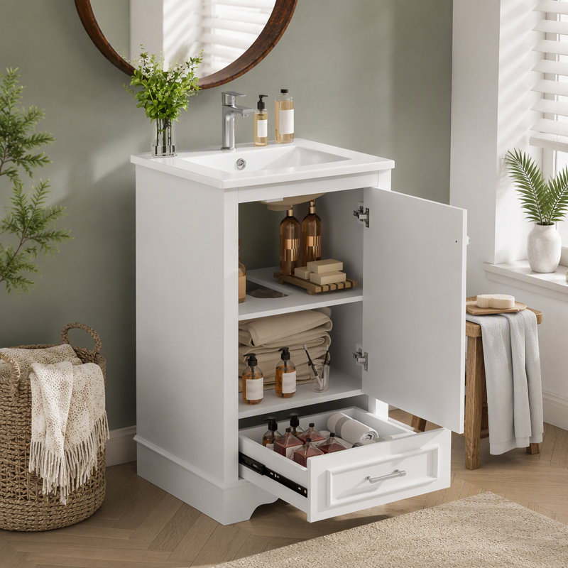 Ensemble de meuble-lavabo simple 20 po avec lavabo en céramique, un tiroir, un meuble-lavabo simple autoportant avec porte à fermeture douce, tablette réglable, style moderne, blanc