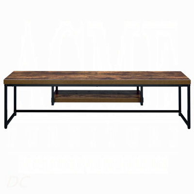 Industrial Style TV Stand Black Metal Frame Living Room Furniture 1Pc Wooden Top Weathered Oak Finish Shelf