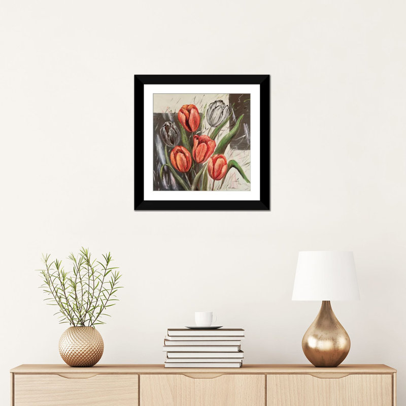 « orange tulipes », impression sur toile, H 16 po x l 16 po x P 1 po, Papier d'art encadré noir, Blanc