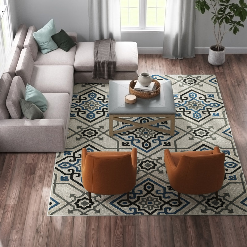 Inessa Geometric Stain Resistant Pet Friendly Indoor/Outdoor Area Rug, Rectangle 9'10" x 12'10"