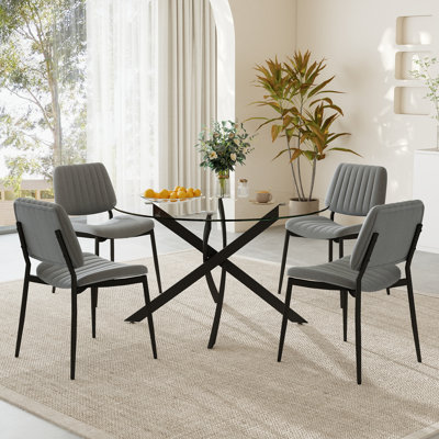 Ensemble de table de salle à manger ronde en verre, plateau de table en verre trempé transparent de 36 po avec chaises en lin