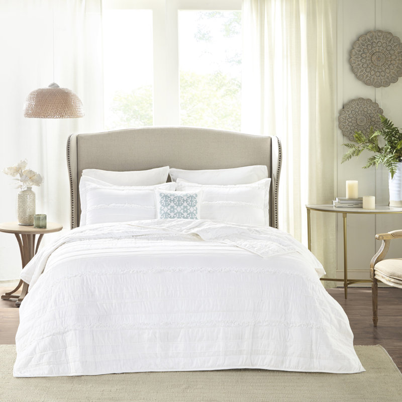 Ensemble de courtepointe réversible à volants avec bordures 4 pièces - Coussin décoratif blanc glamour