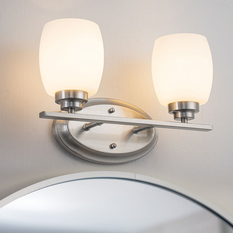 Éclairage pour salle de bain 2 lumières en nickel satiné avec verre opale blanc, Nickel satiné