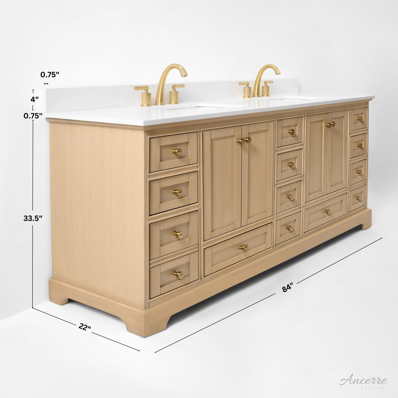 Audrey 84'' Free Standing Double Bathroom Vanity with Calacatta Quartz Top, Oak, Rose Gold