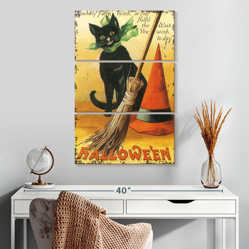 Chat nostalgique avec balai Lelend Halloween, H 32 po x l 20 po