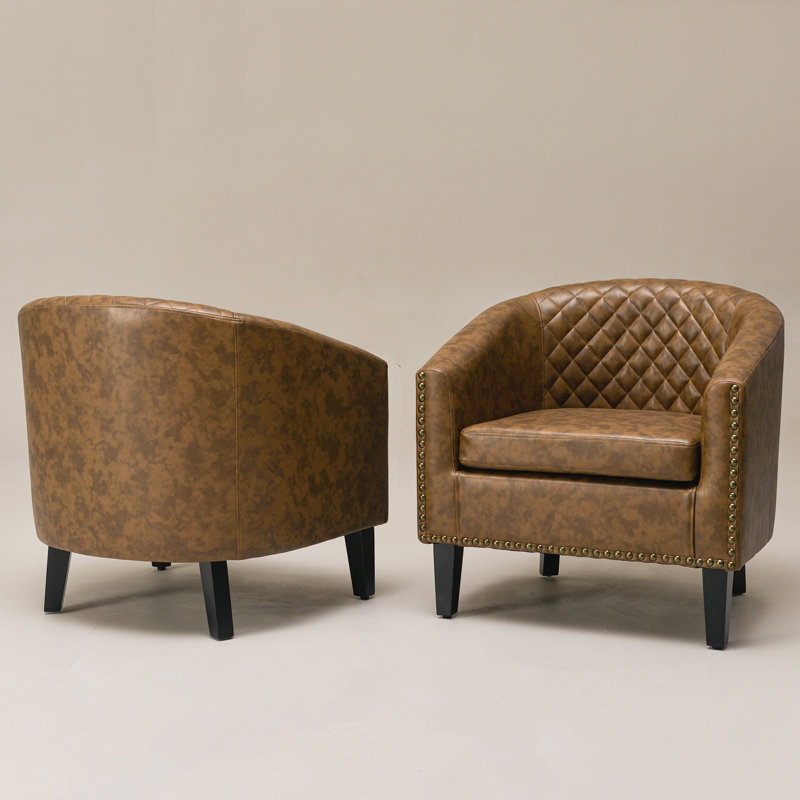 Fauteuil demi-tonneau capitonné 2 pièces Oscar, Similicuir café