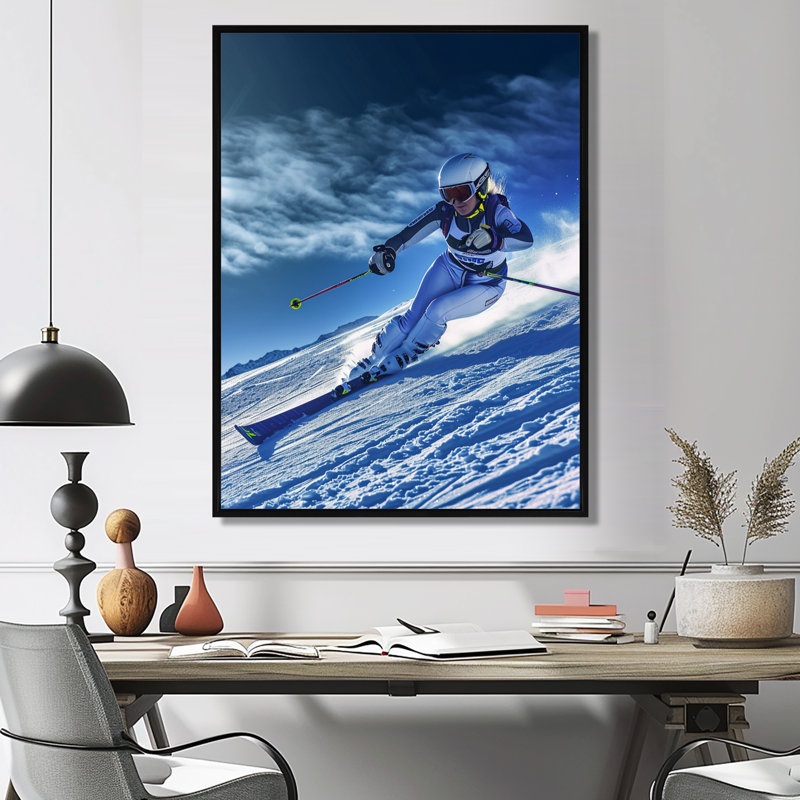«Descendant la montagne en vitesse et style II», art mural de ski, Cadre flottant noir, H 20 po x l 12 po x P 1 po