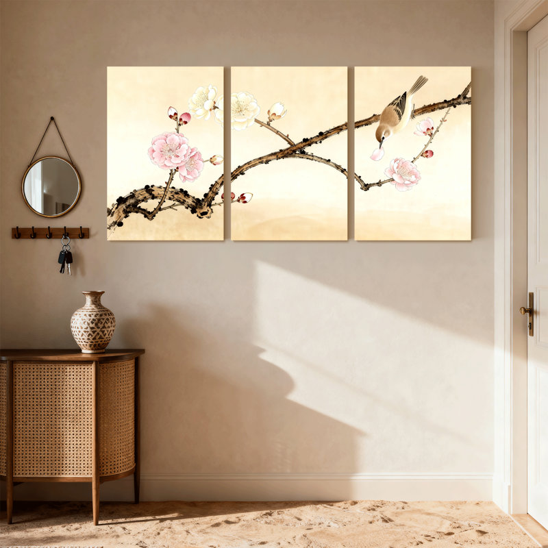 «Birds Cherry Blossom Branch», ensemble de 3 impressions sur toile, H 18 po x l 36 po