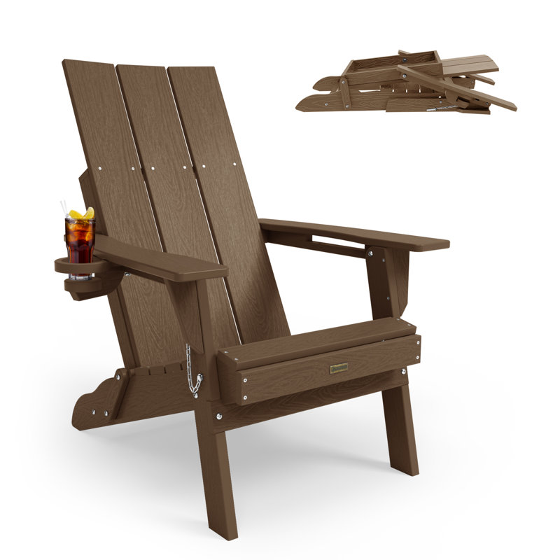 All Weather HDPE Folding Outdoor Adirondack Chair with Cup Holders Durable Oversized Fire Pit Chair Easy Assembly Easy Maintenance Patio Lawn Chair with 380Lbs Load Bearing for Porch, Garden, Backyard, Patio, Deck, Fire pit, Brown