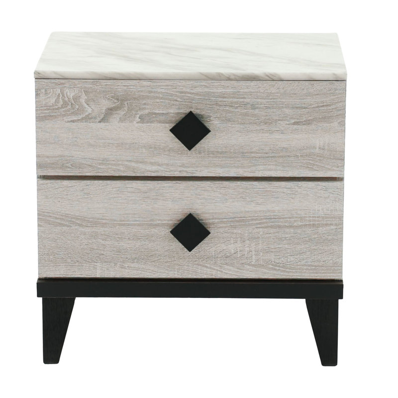 Brown Rustic Accents Oak Nightstand With Faux Marble Tabletop, 23X15x23 Inch Cream Details And Top, 23"X15"X23" H