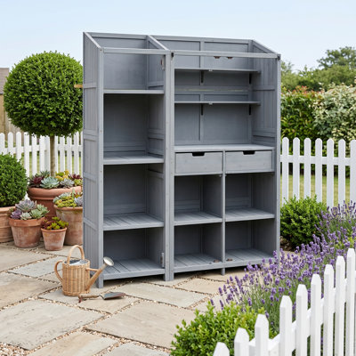 Fir Wood Garden Storage Shed with Potting Workstation, Shelves, Drawers and Hooks