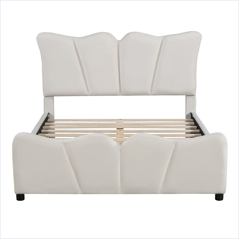 Lit plateforme tapissier en velours, Lit double, Beige