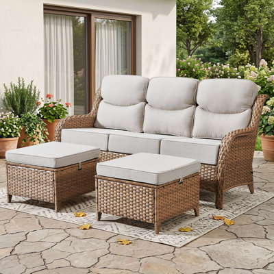 3-Piece Patio Furniture Sofa Set With Ottomans, 6-Inch Plush Cushions & Water-Resistant Olefin Fabric