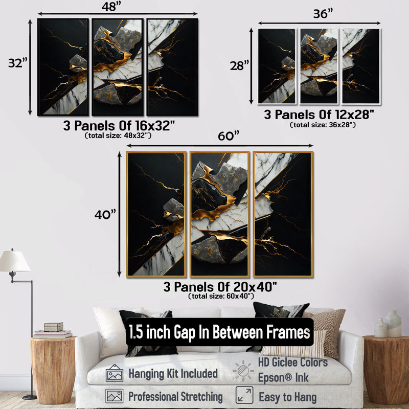 «Abstract Geode Black III», reproduction sur toile flottante 3 pièces, H 28 po x l 36 po, Brun