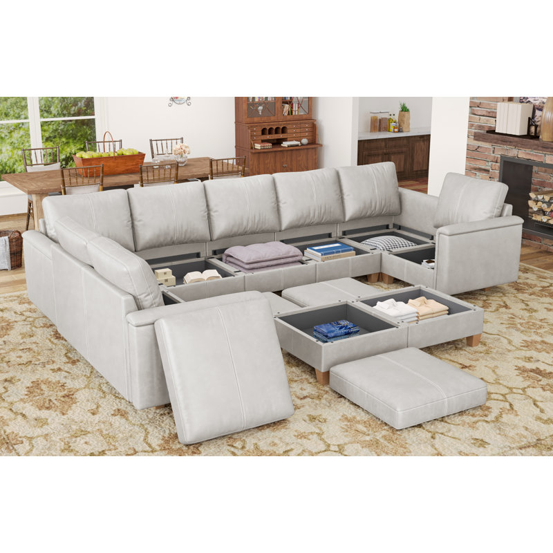 Oversized Faux Leather Sectional Couches for Living Room, Modular Convertible 10-Seat U-Shaped Sofa with Storage & Ottoman, 145 inch Width