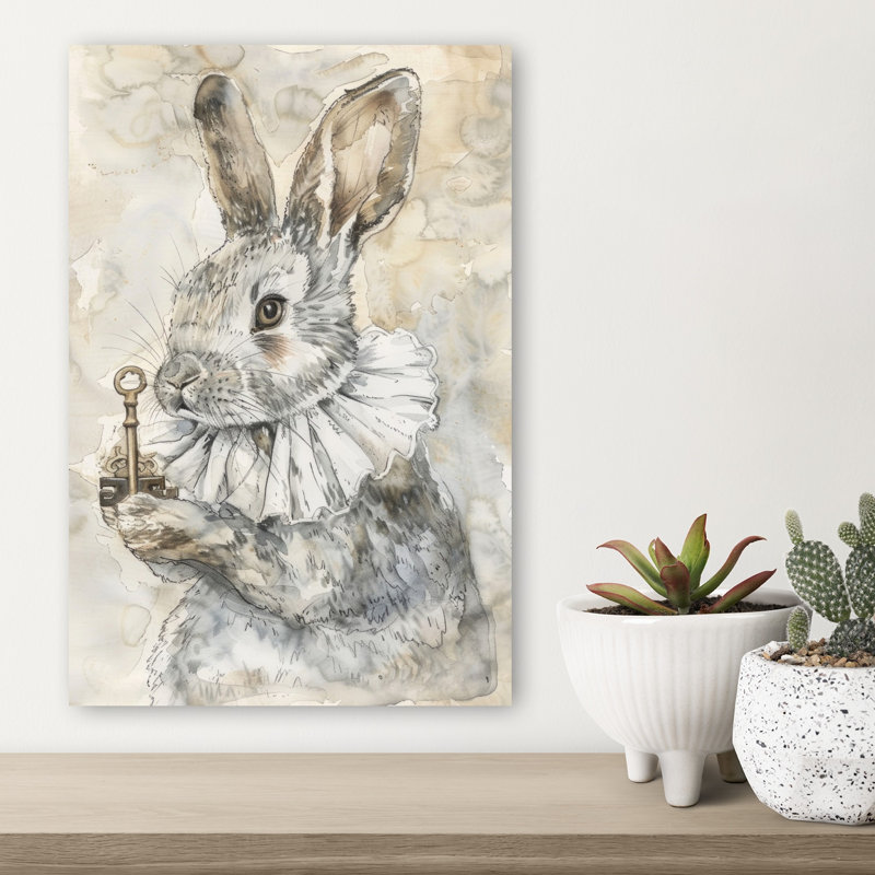 Curieux lapin tenant une clé élégante impression vintage fantaisiste de forêt de lapin, H 18 po x l 12 po