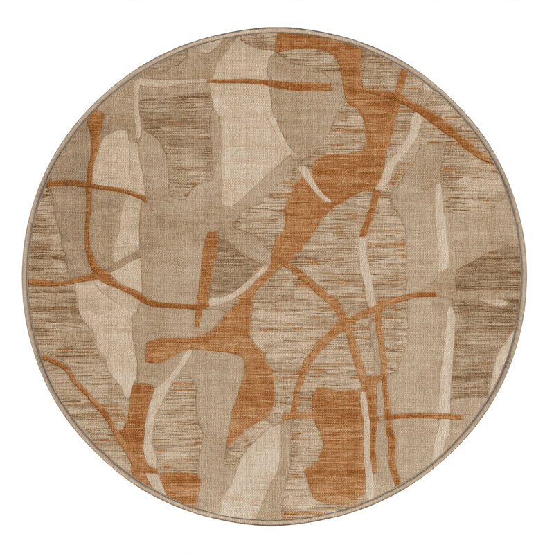 Machine Washable Abstract Brown Area Rug, Round 7'