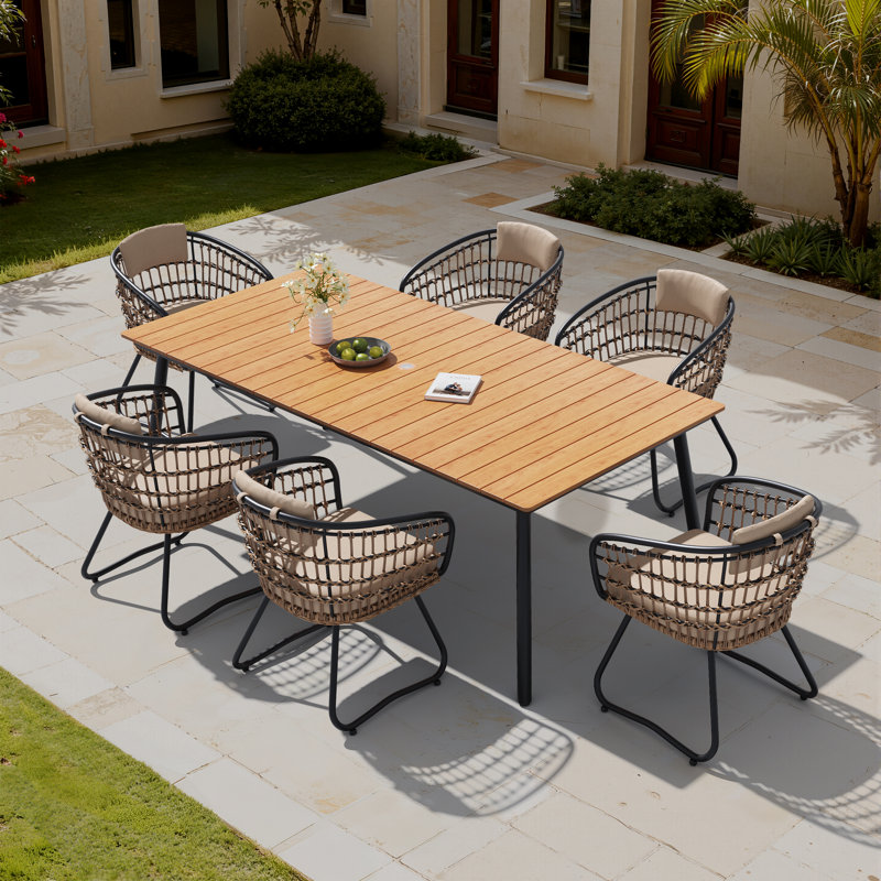 6 - Person Metal Patio Dining Set With Removable Cushions And Umbrella Hole, Beige Cushion/Brown Table Top