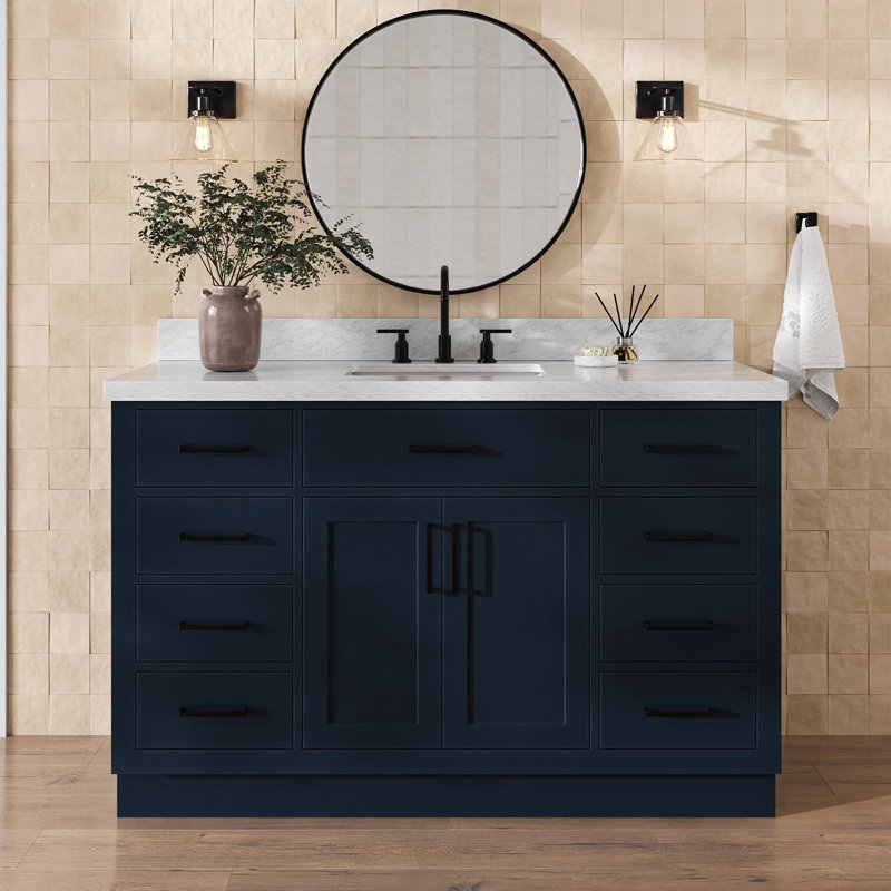 Meuble-lavabo simple en bois massif 54 po avec lavabo en marbre Carrara de 1,5 po Thornaby, Forme rectangulaire