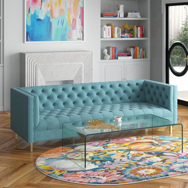 Delight Tufted Button Performance Velvet Sofa, Sea Blue Velvet