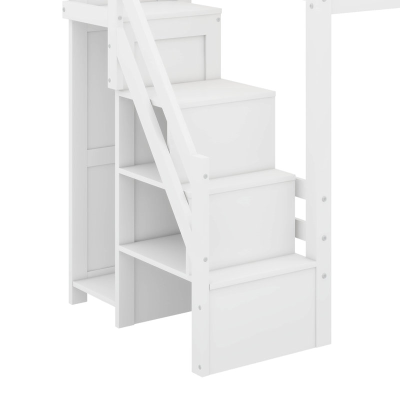 Twin Size Loft Bed With Shelves, Storage Staircase, Small Wardrobe And LED Light, null