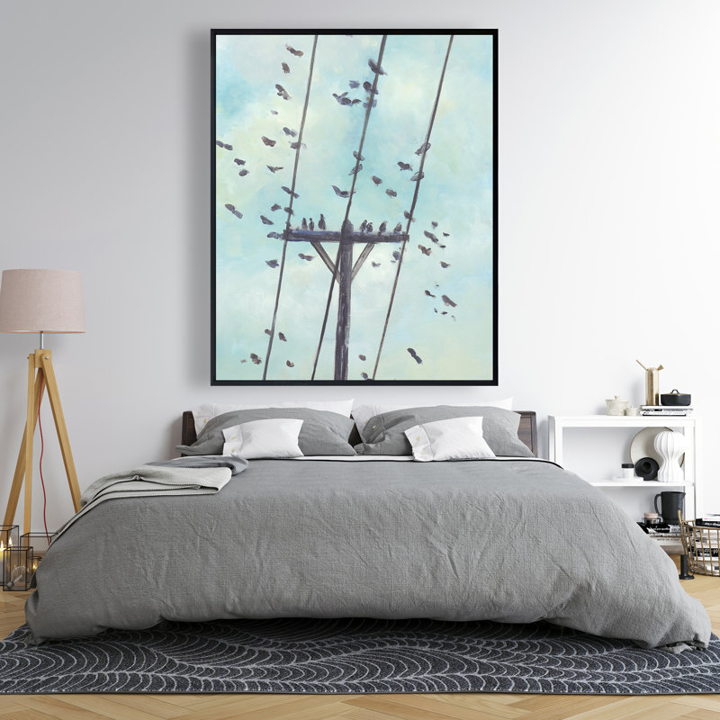Birds on Electric Wire - Blue Framed Canvas Home Decor