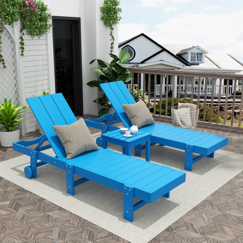 Joubert 77.6" Long Outdoor All-Weather Poly Reclining Single Chaise Set with Table, Pacific Blue