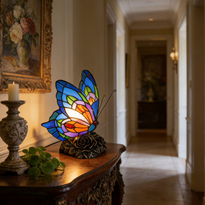 Lampe de table ou de bureau en verre coloré de style papillon Tiffany incluse