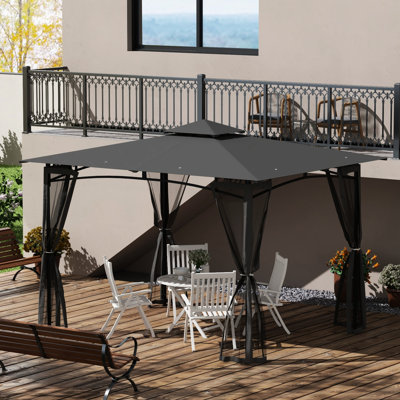 Pavillon de jardin 10 pi x 12 pi avec filet, auvent à double toit pour terrasse, cour, jardin, structure en métal ferme, gris foncé 2 solides