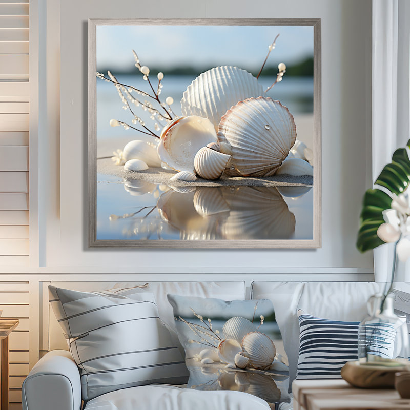 Photographie de coquillage blanc minimal - décoration murale coquillage, H 16 po x l 16 po x P 1 po, Cadre simple argenté