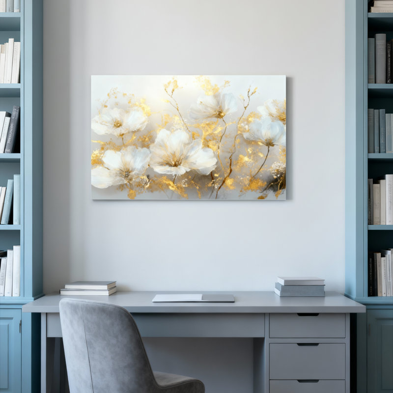 Ensemble de 1 tableau abstrait floral sur toile tendue, motif de fleurs blanches et accents dorés, H 20 po x l 30 po