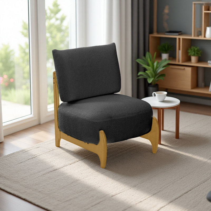 Canapé simple Chaise de salon en polaire d'agneau Chaise simple Canapé paresseux rétro en bois massif, Naturel, Noir